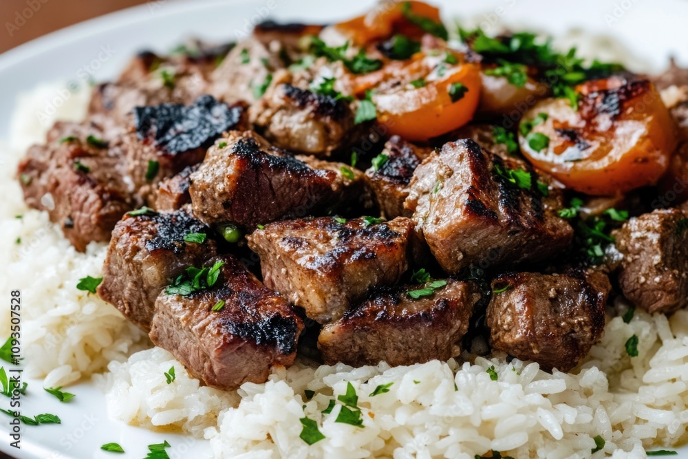 A simple meal of rice and meat served on a white plate A simple meal of rice and meat served on a white plate