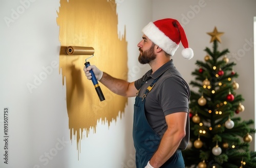 Man in a Santa hat painting a wall gold near a festive Christmas tree, creating a warm holiday atmosphere with space for text. Perfect for New Year or Christmas-themed designs and messages.