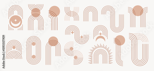 Line geometric arch and circle abstract shapes. Abstract minimal element mid century vector set. Aesthetic contemporary stripe line art, geometric shape, beige. For wall art, decoration, wallpaper.
