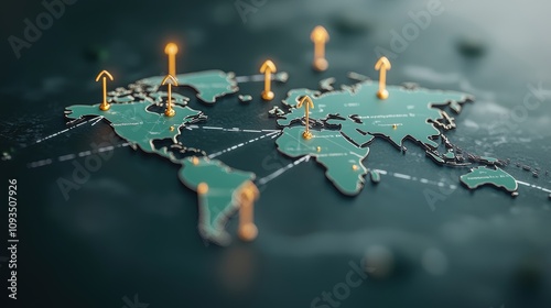 Fototapeta Naklejka Na Ścianę i Meble -  A digital world map with arrows indicating the movement of goods and services between continents, highlighting international trade routes and global supply chains.