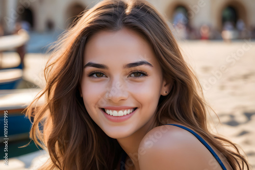 Beautiful smiling woman with long brown hair posing on beach