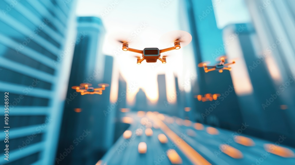 A futuristic cityscape with AI powered drones flying overhead ...