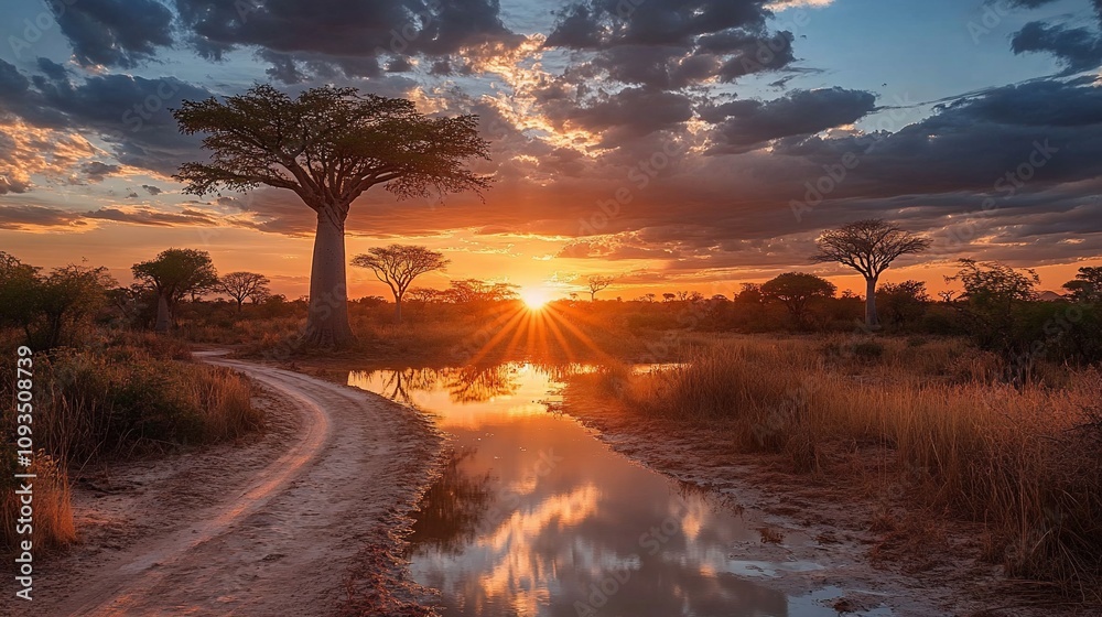 Fototapeta premium Sunset over African savanna with baobab trees and puddle reflecting the sky.