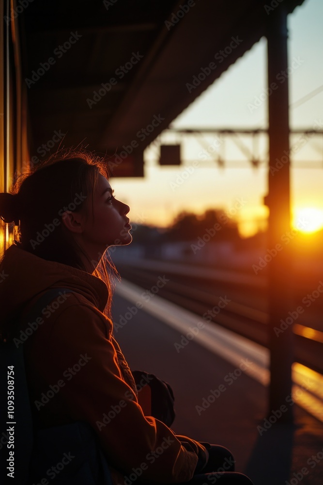 A person gazing out the train window as the sun sets, capturing the moment A person gazing out the train window as the sun sets, capturing the moment