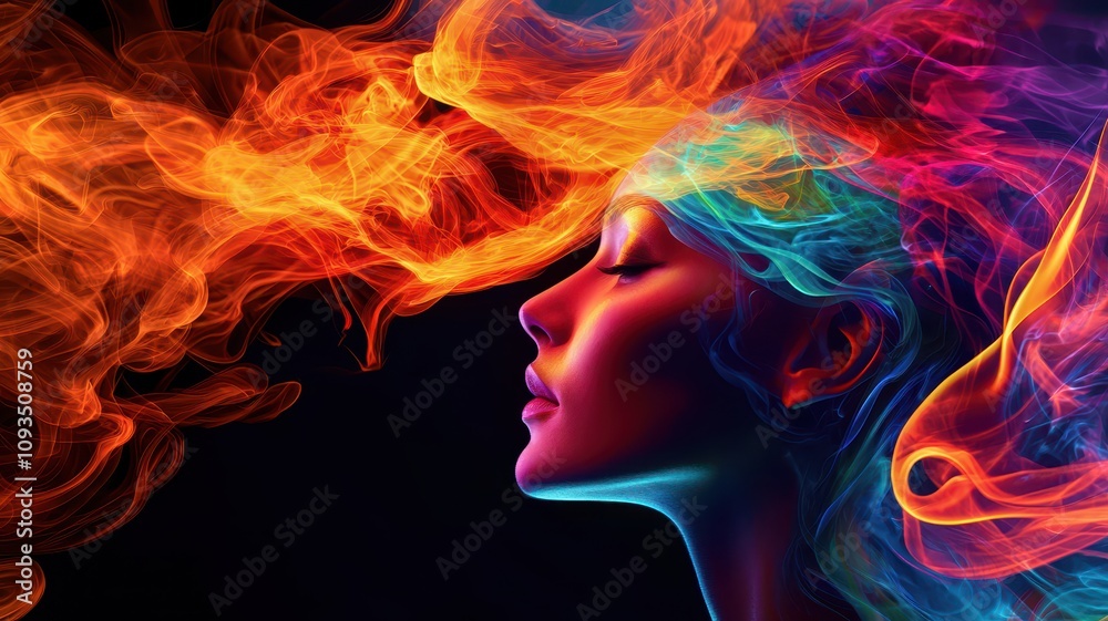 A vibrant, artistic portrayal of a woman's profile with flowing, colorful hair resembling flames against a dark background.