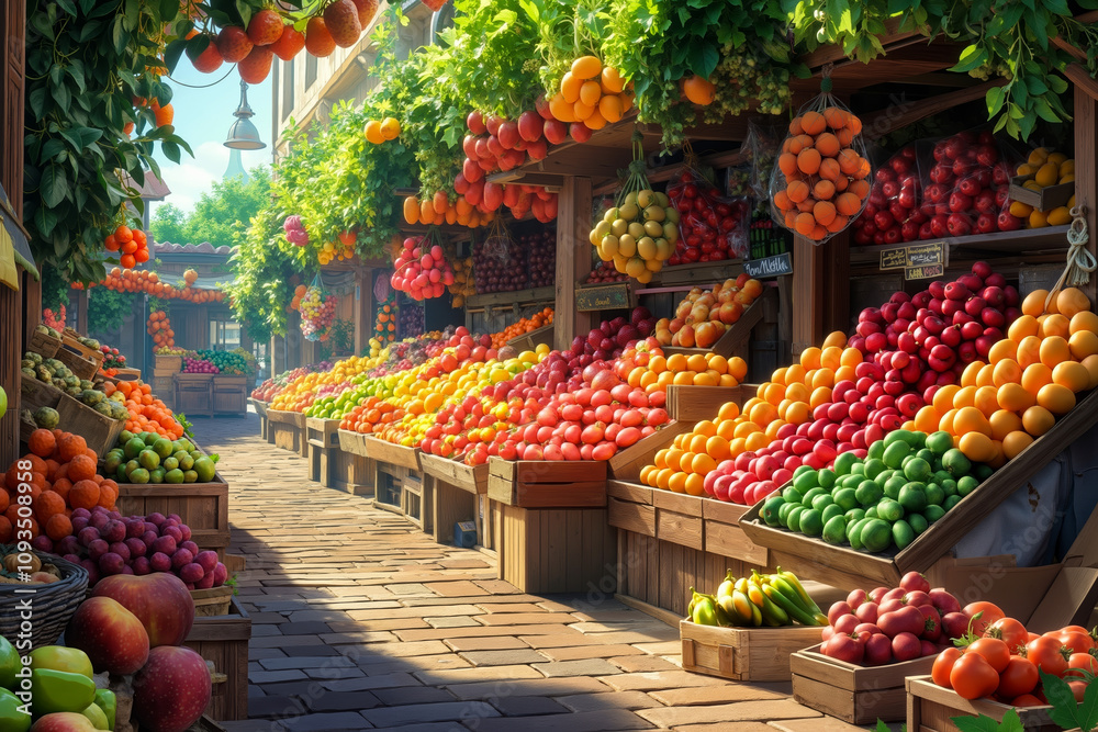 A fruit stand filled with lots of different types of fruits and vegetables A fruit stand filled with lots of different types of fruits and vegetables