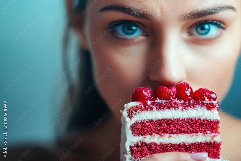 A woman holds a slice of cake in front of her face, hiding from view A woman holds a slice of cake in front of her face, hiding from view