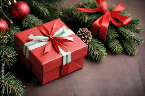 Red christmas gift box decorated with ribbon near fir branches