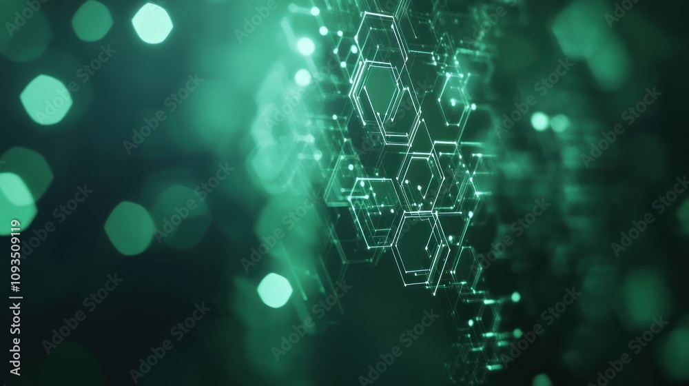 Abstract representation of interconnected hexagons with a glowing green background. Abstract representation of interconnected hexagons with a glowing green background.