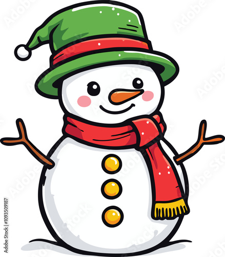 Snowman Vector Cartoon With Red Hat And Stripe Scarf and hat outline vector art illustration design on a white background photo