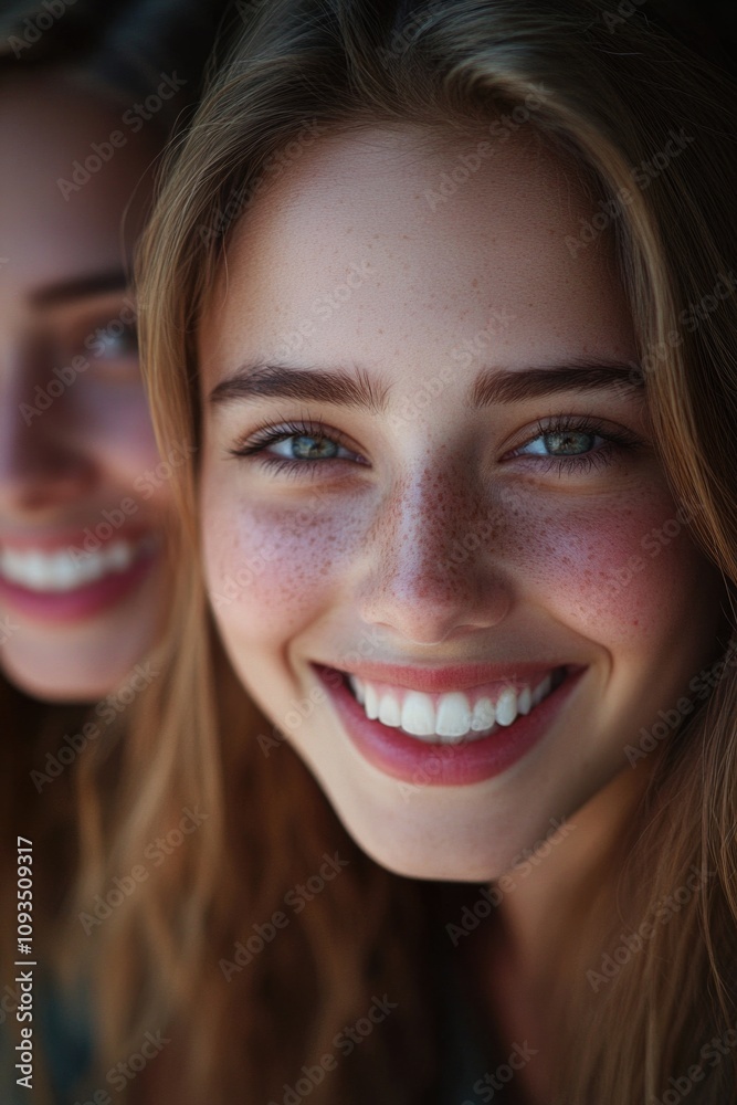 Two women with freckles on their faces, photographed in close-up Two women with freckles on their faces, photographed in close-up