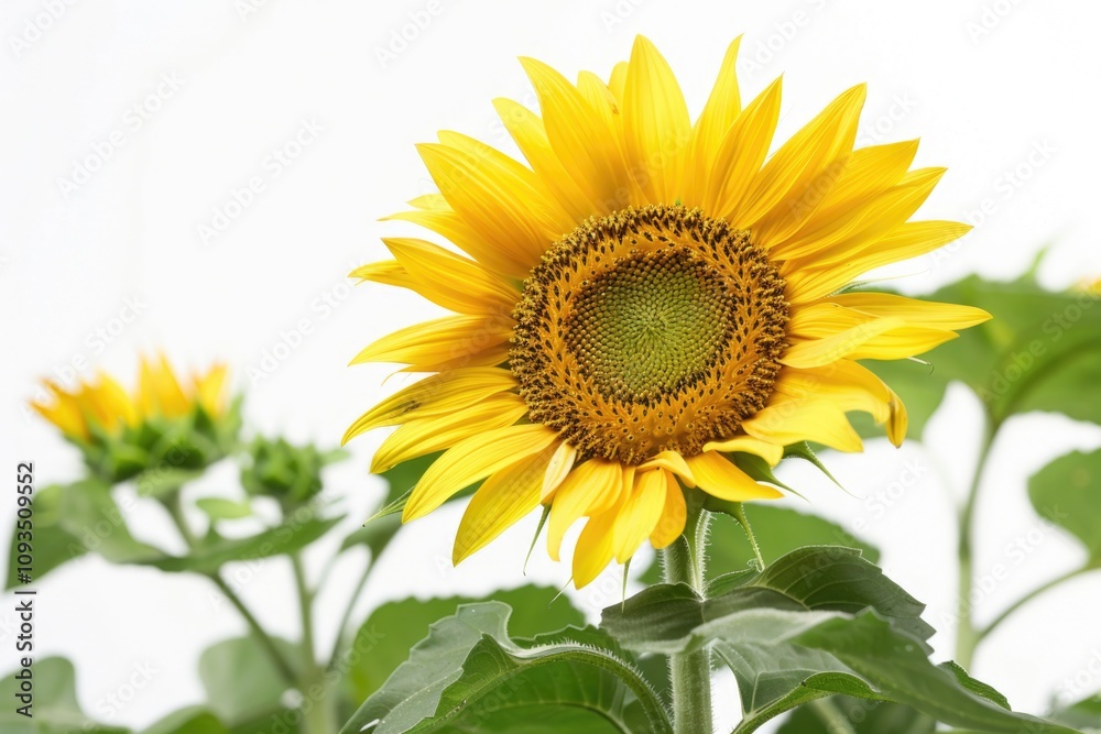 A bright yellow sunflower stands tall amidst lush green leaves in a natural field setting A bright yellow sunflower stands tall amidst lush green leaves in a natural field setting