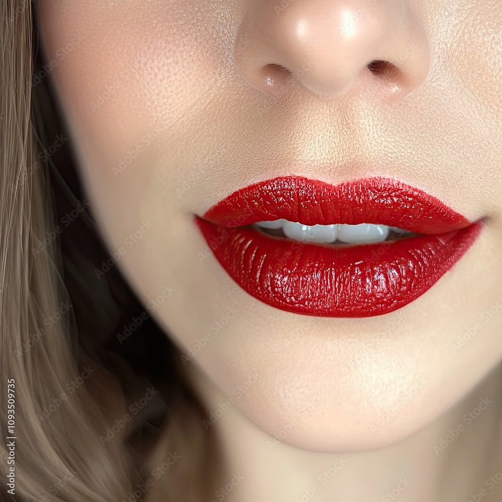 beautiful plump well-groomed lips with red lipstick. close up. beautiful plump well-groomed lips with red lipstick. close up.