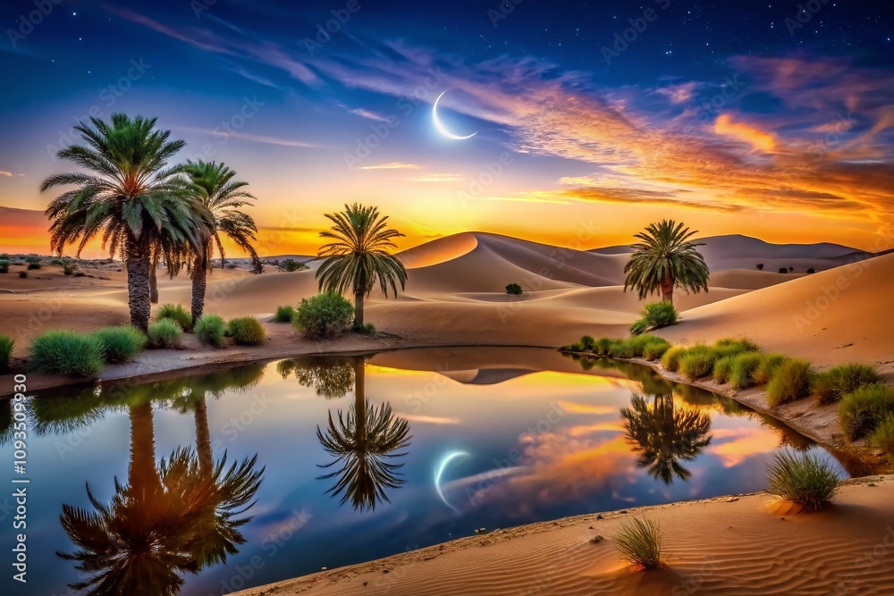 Obraz premium Serene Ramadan Landscape at Sunset with Crescent Moon Over Tranquil Desert Oasis, Symbolizing Peace and Reflection During the Holy Month of Ramadan Celebrations