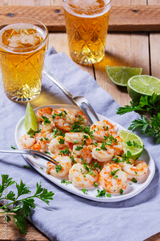 Shrimp cooked with garlic and herbs, served with beer and lime on a wooden table.
