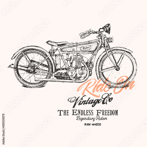 Vintage typography text print for vector art. Vintage Motors Slogan for vintage motorcycle t shirt design, hand drawn motor bike,  Hand drawn Motorcycle made in Los Angeles California