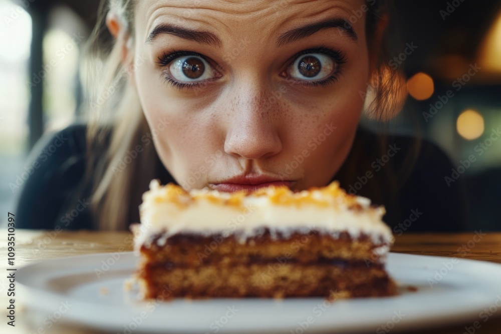 A woman looks at a single serving of cake on a plate, possibly considering taking a bite A woman looks at a single serving of cake on a plate, possibly considering taking a bite