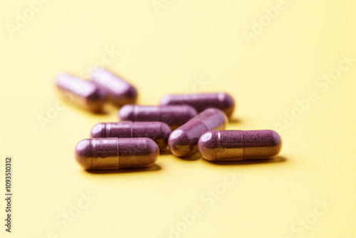 Lutein capsules. Dietary supplement on bright background. Soft focus. Close up. Copy space photo