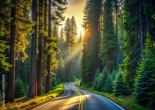 Serene Road Through a Tranquil Coniferous Forest: A Minimalist Perspective of Nature's Pathway Surrounded by Lush Green Trees and Soft Natural Light