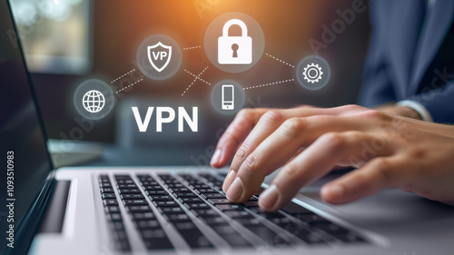  A person working on a laptop with VPN graphics, illustrating internet security and privacy solutions. Suitable for tech websites, cybersecurity marketing, and privacy advocacy, copy space, blank