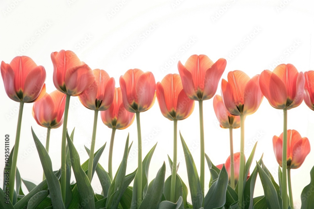 A bunch of fresh pink tulips with green leaves, ideal for spring and summer designs A bunch of fresh pink tulips with green leaves, ideal for spring and summer designs