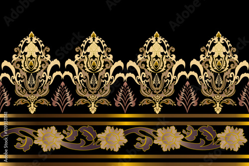 Classic Western embroidery pattern, geometric shapes, seamless, damask flowers in light and dark gold, black background, vector illustration.
ส่งความคิดเห็น