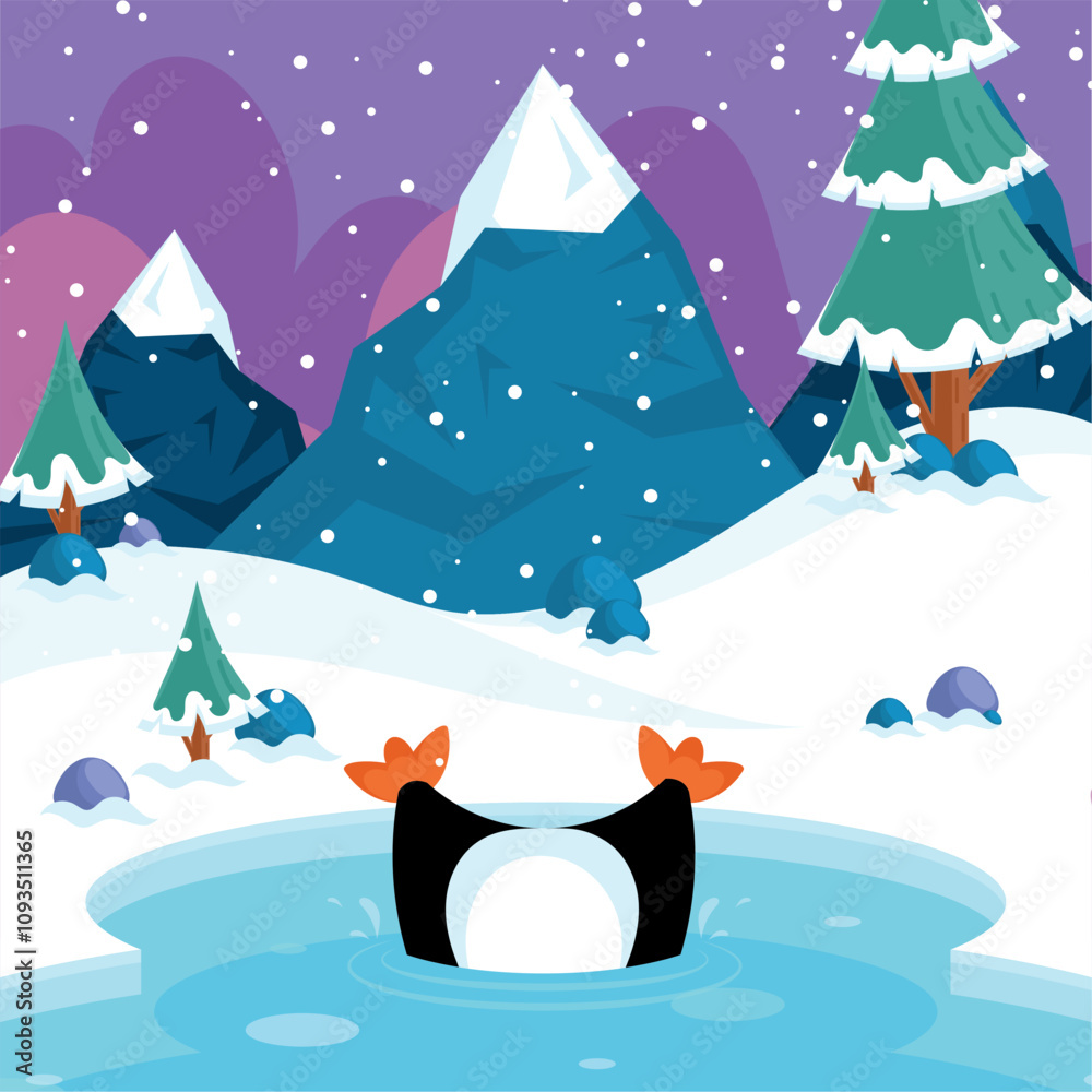 Obraz premium Penguin diving in icy pond under snowfall, Vector