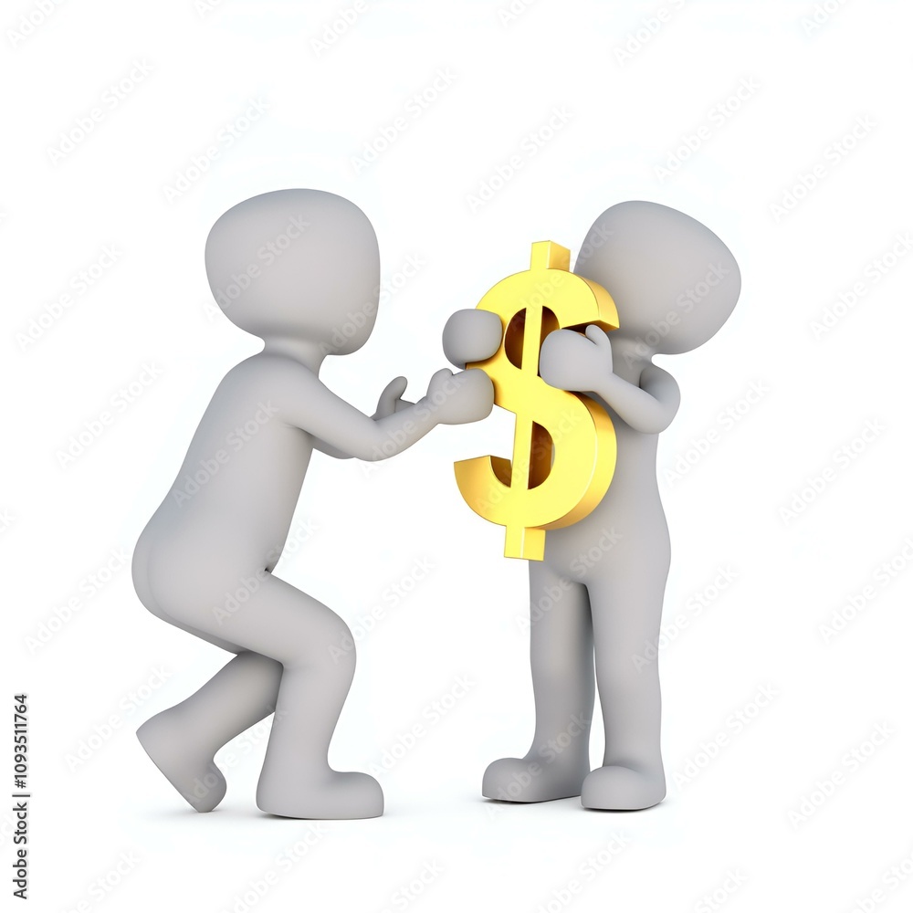Two stylized gray figures engage with a large golden dollar sign on a plain white background, highlighting themes of financial interaction. Two stylized gray figures engage with a large golden dollar sign on a plain white background, highlighting themes of financial interaction.