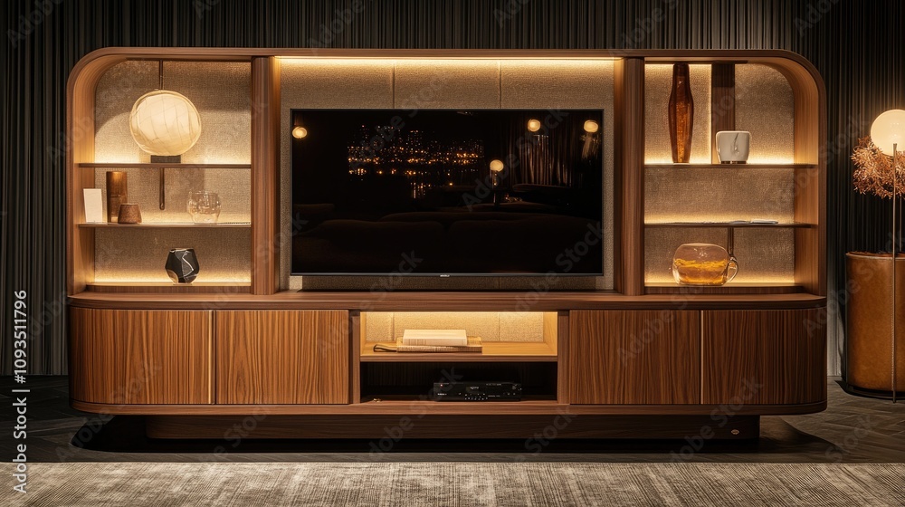 Fototapeta premium Modern Wooden Entertainment Center With Built In Lighting