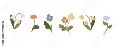 Set of simple colorflul flat flowers illustrations isolated on transparent background. Floral plants and snowdrops clipart. Flowers bouquets