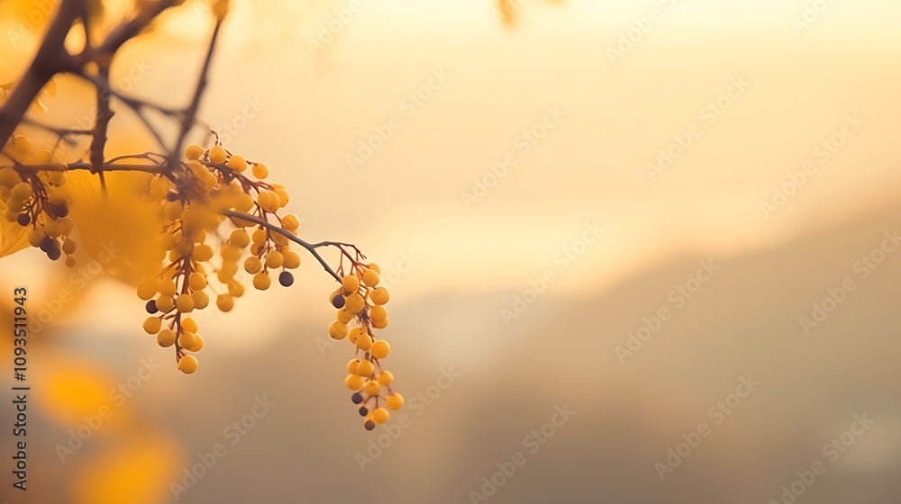 Golden Berries Hanging On Autumn Branch At Sunset Golden Berries Hanging On Autumn Branch At Sunset