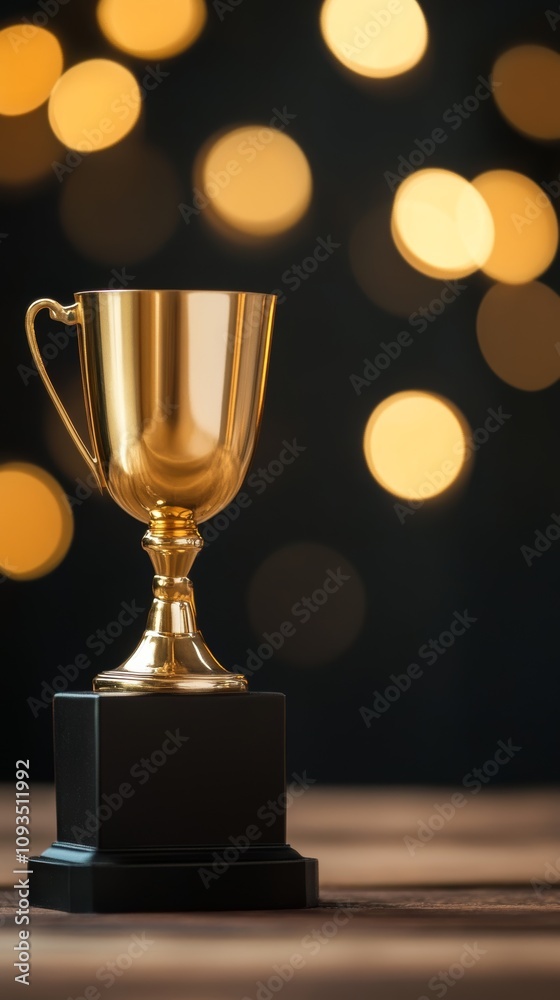 Shiny gold trophy on a black pedestal surrounded by blurred golden lights in a celebratory atmosphere Shiny gold trophy on a black pedestal surrounded by blurred golden lights in a celebratory atmosphere