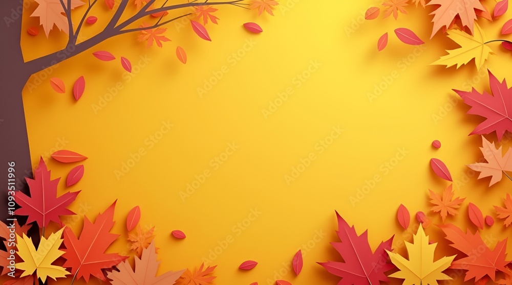 Creative design featuring paper cut leaves in red, orange, and yellow on a bright yellow background. A stylized tree trunk adds depth on the left side.