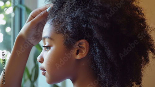 Young adult with coarse unruly natural hair that looks dry tangled and challenging to maintain photo