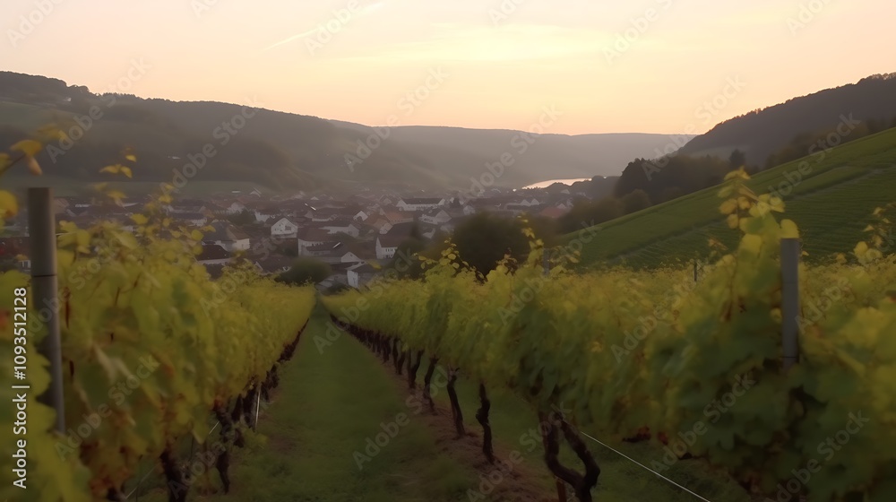 Naklejka premium Vineyard Landscape at Sunrise Over Village in Valley