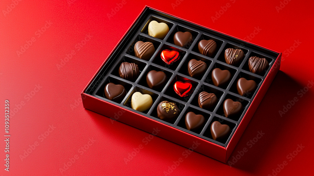 Box of heart-shaped luxury chocolates on a vibrant red background, ideal for Valentine's Day gifts and celebrations. Copy space. Box of heart-shaped luxury chocolates on a vibrant red background, ideal for Valentine's Day gifts and celebrations. Copy space.