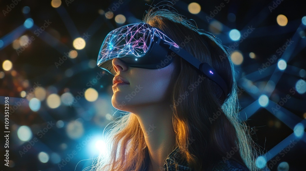 A woman wearing a VR headset, immersed in a digital environment with glowing connections. A woman wearing a VR headset, immersed in a digital environment with glowing connections.