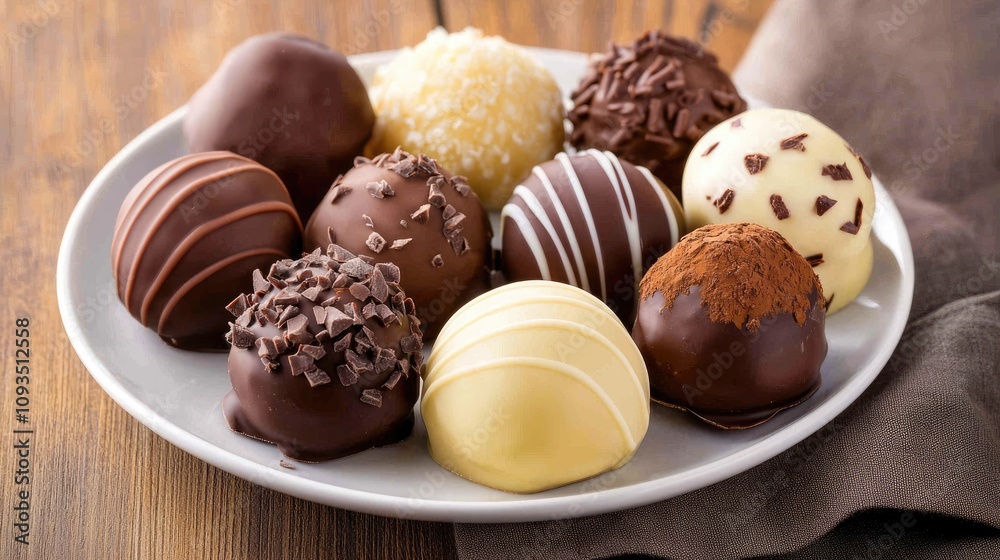 Assorted Gourmet Chocolate Truffles on a White Plate Over Rustic Wooden Background with Soft Cloth, Perfect for Desserts, Parties, or Special Occasions Assorted Gourmet Chocolate Truffles on a White Plate Over Rustic Wooden Background with Soft Cloth, Perfect for Desserts, Parties, or Special Occasions