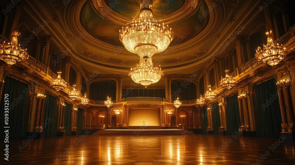 Obraz premium Grand ballroom with opulent chandeliers, wooden floor, and gold accents.