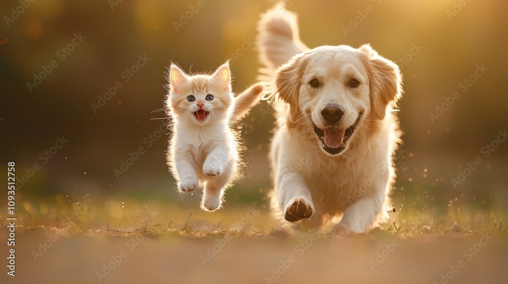 Playful Puppy and Energetic Kitten Running Together in a Sunny Field, Capturing the Joy of Friendship in Nature's Golden Glow Playful Puppy and Energetic Kitten Running Together in a Sunny Field, Capturing the Joy of Friendship in Nature's Golden Glow