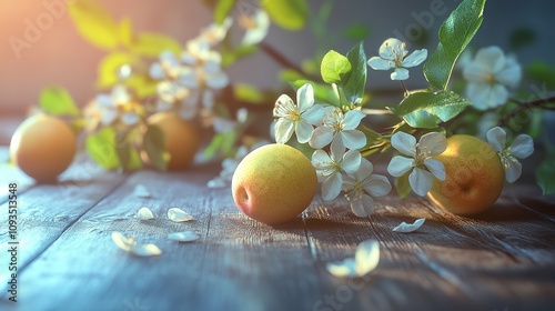 Spring Background - Fruit Flowers on Wooden Table

 photo