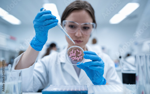 Cropped shot of a female microbiologist in medical gloves, observing a bacterial colony in a petri dish while dripping liquid from a pipette at a laboratory workstation, with copy space.

 photo