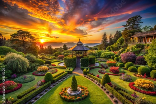 Serene Silhouette of Duncan Gardens at Sunset with Lush Greenery and Elegant Structures Framing a Tranquil Scene of Nature's Beauty and Peaceful Atmosphere photo