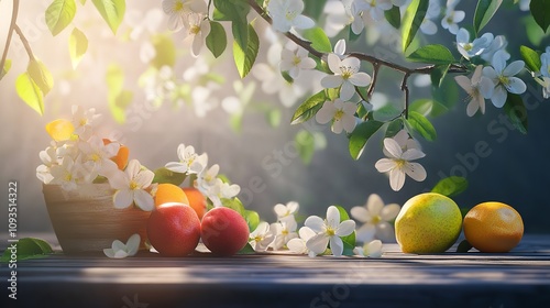 Spring Background - Fruit Flowers on Wooden Table

 photo