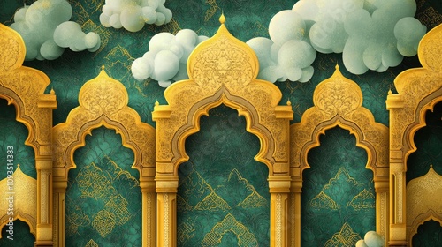 Golden Islamic Arches Against a Teal Background photo