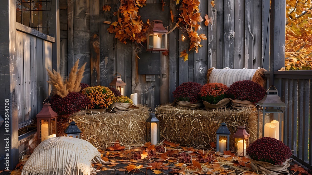 A charming autumn porch decorated with hay bales, colorful mums, and lanterns, perfect for welcoming guests A charming autumn porch decorated with hay bales, colorful mums, and lanterns, perfect for welcoming guests