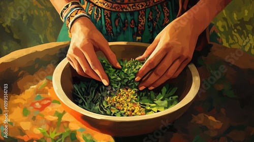 Spiritual medicine woman prepares sacred healing herbs in wooden bowl. Hands carefully mix ritual plants. Preparation suggests holistic care for body, soul. Morning light enhances natural photo