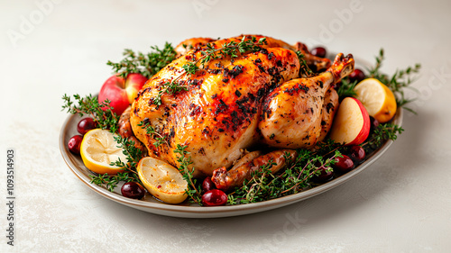 Perfectly Roasted Turkey Garnished with Fresh Herbs and Fruits