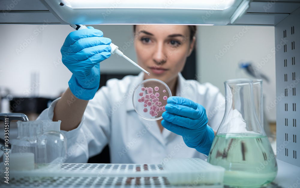 Fototapeta premium Cropped shot of a female microbiologist in medical gloves, observing a bacterial colony in a petri dish while dripping liquid from a pipette at a laboratory workstation, with copy space.