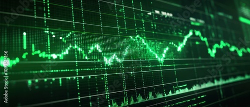 Digital representation of a financial market graph with green data lines and bars.